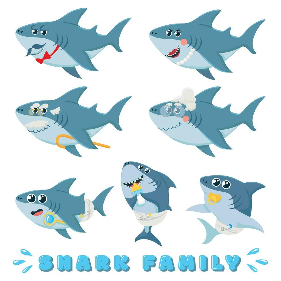 Cartoon sharks family. Newborn baby shark, comic marine father and cheerful mother sharks characters vector illustration set