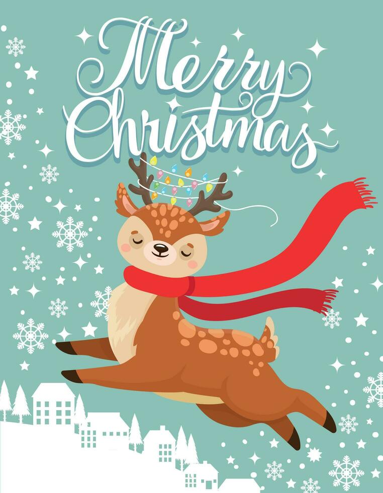 Greeting card with xmas deer. Merry christmas postcard, cute fawn and winter holidays cartoon vector illustration