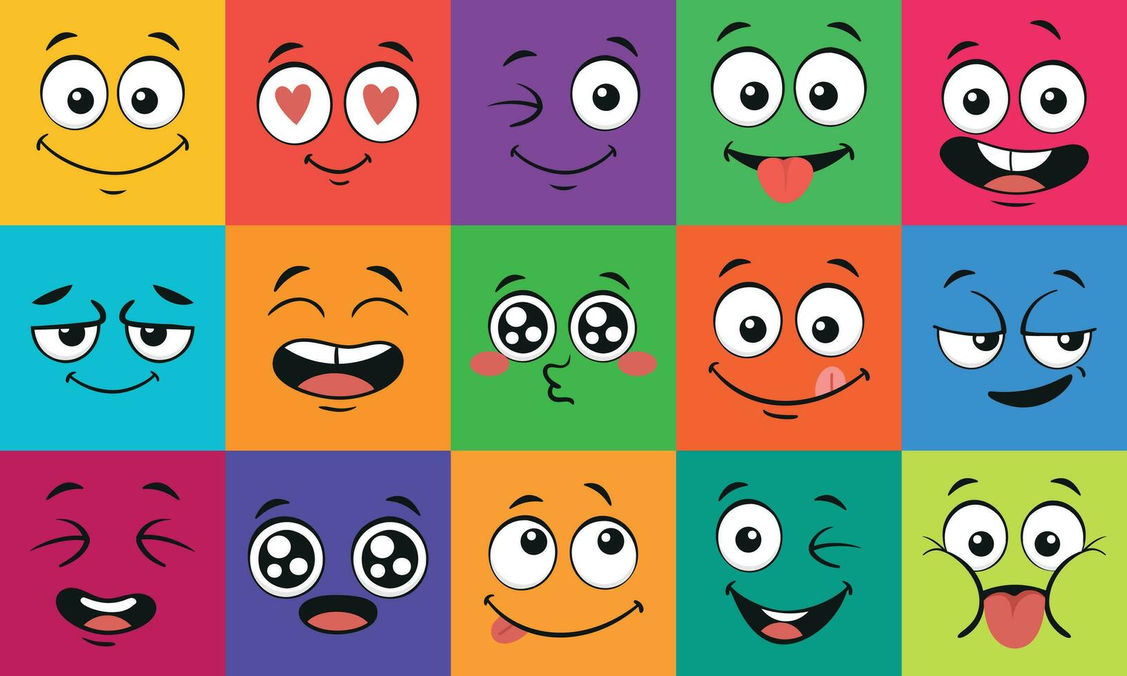 Cartoon face expressions. Happy surprised faces, doodle characters mouth and eyes vector illustration set