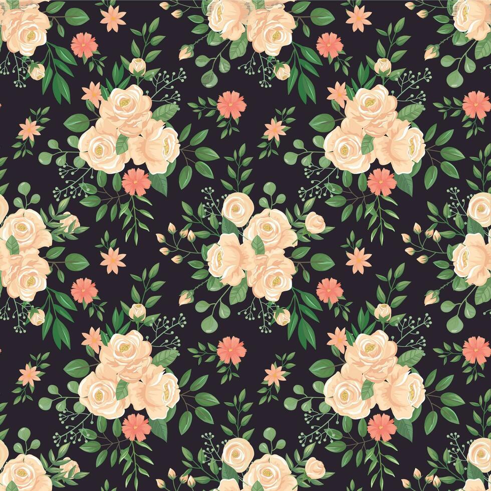 Rose flowers pattern. Roses black print, flower buds and floral seamless vector dark background illustration