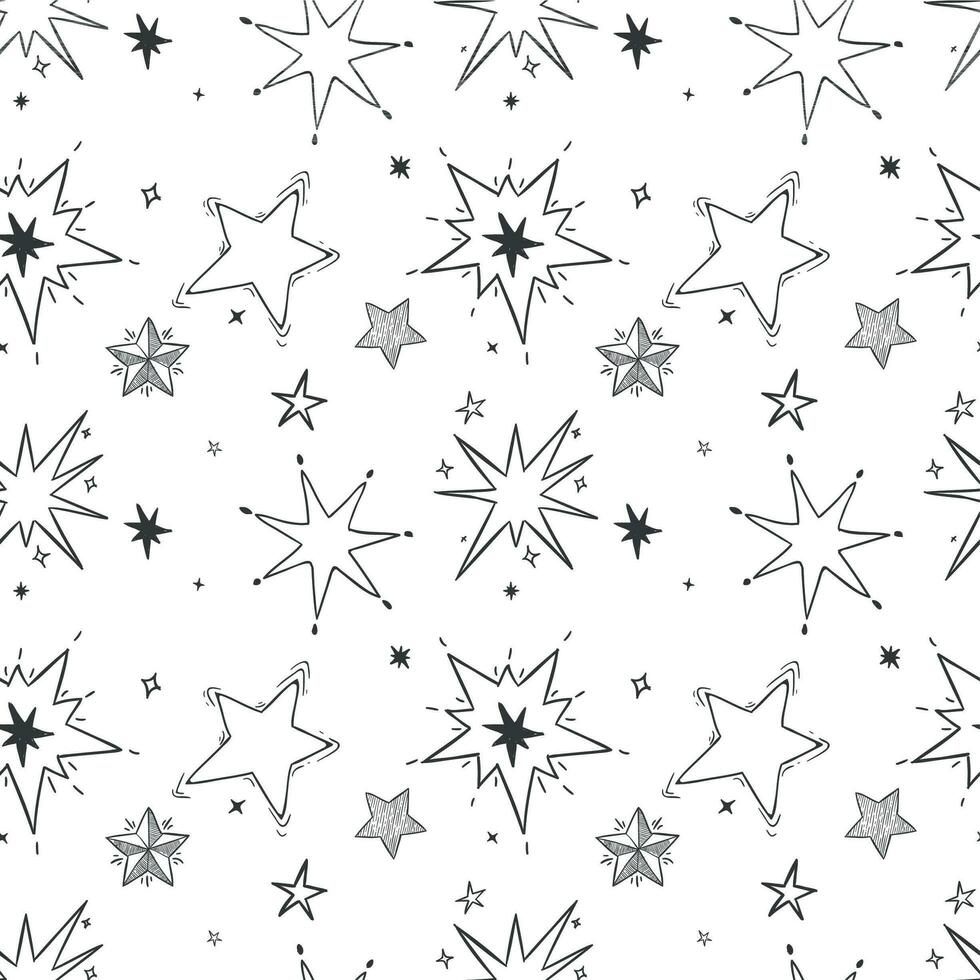 Seamless hand drawn stars pattern. Doodle star, sketch night sky vector illustration