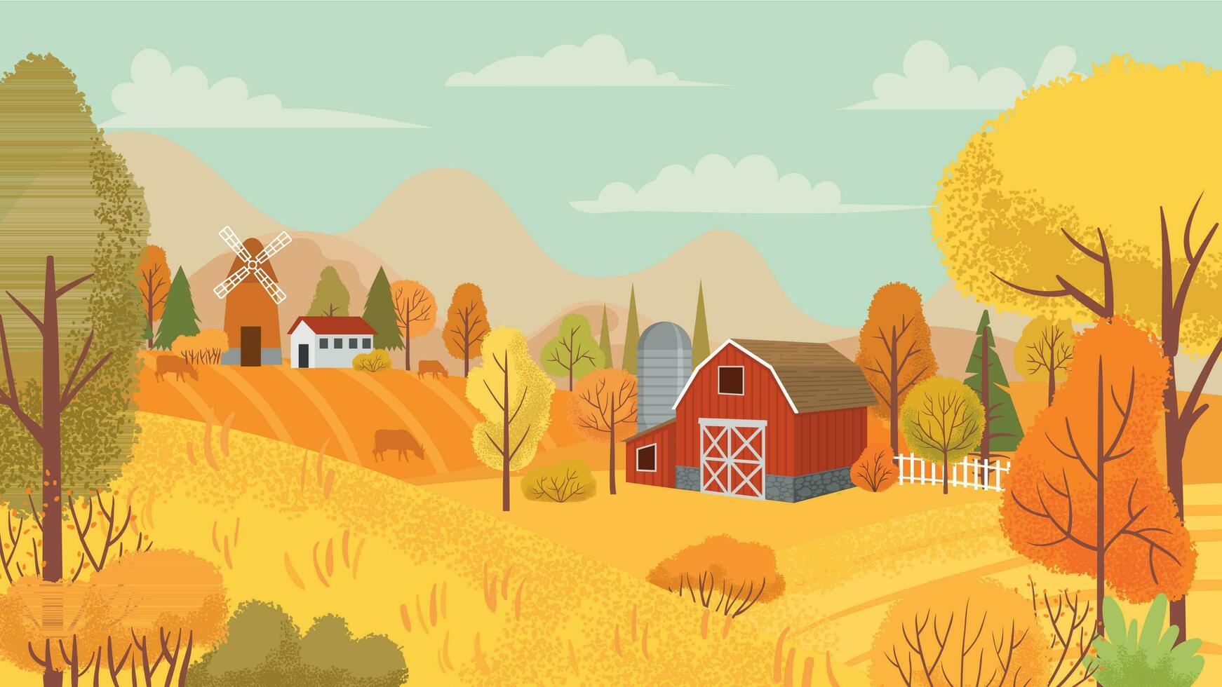 Autumn farming landscape. Country farm, yellow trees and farmhouse field cartoon vector background illustration