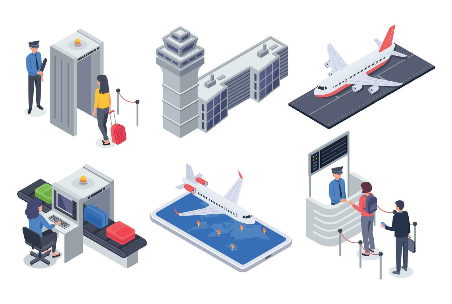 Isometric airport passengers. Tourism flight aircraft, business passenger with travel luggage suitcase vector illustration set