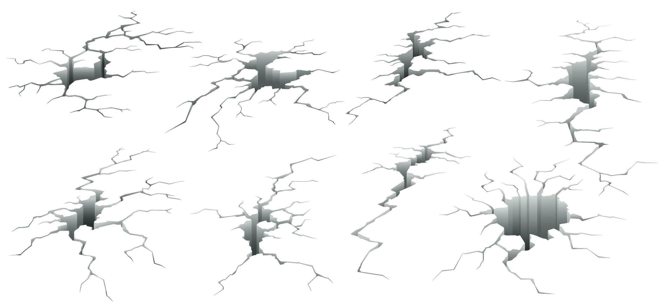 Ground cracks. Earthquake crack, hole effect and cracked surface isolated vector illustration set