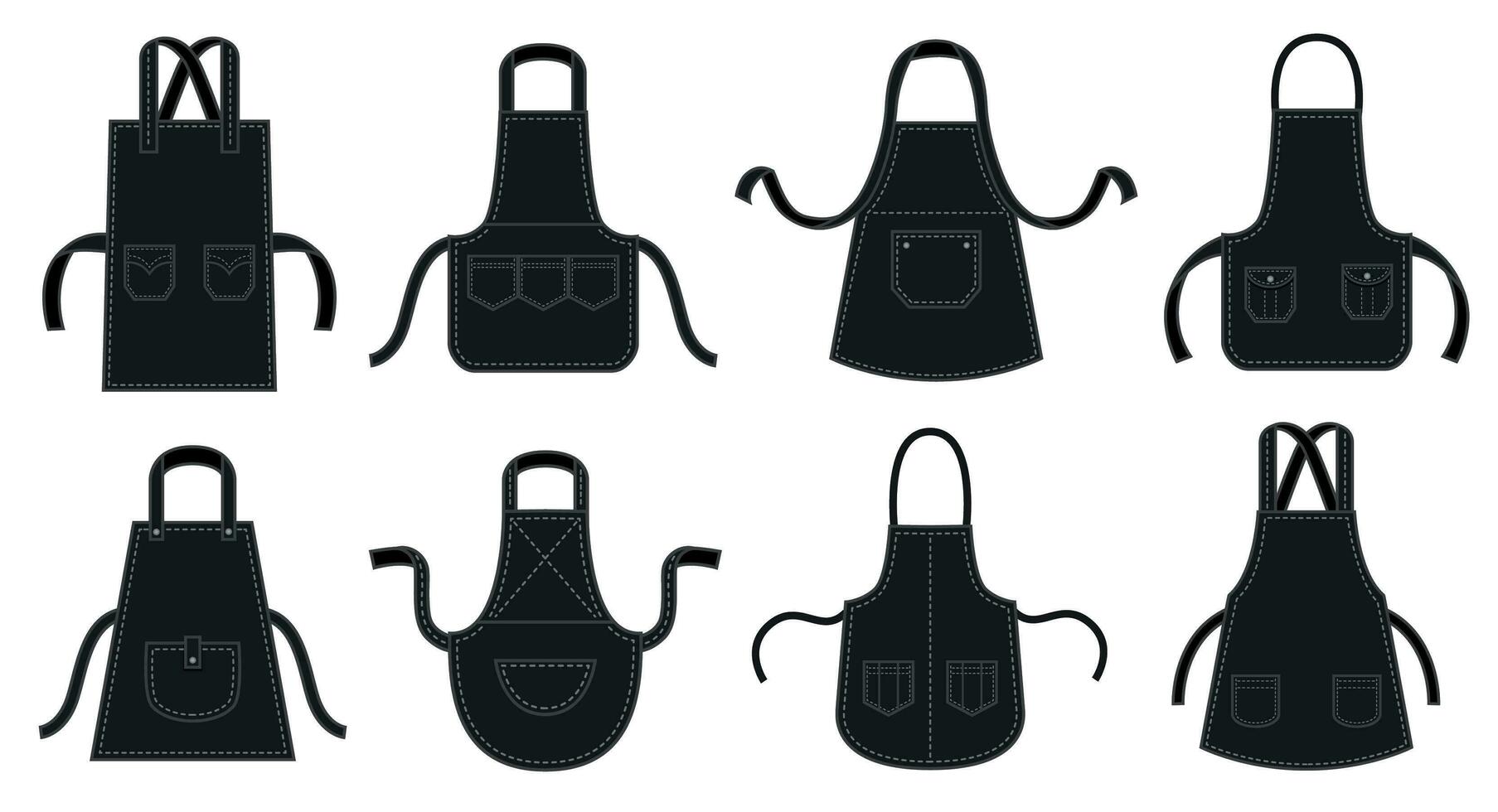 Black kitchens aprons. Waiter apron, restaurant chef uniform with seam patch pocket and kitchen uniforms vector illustration set