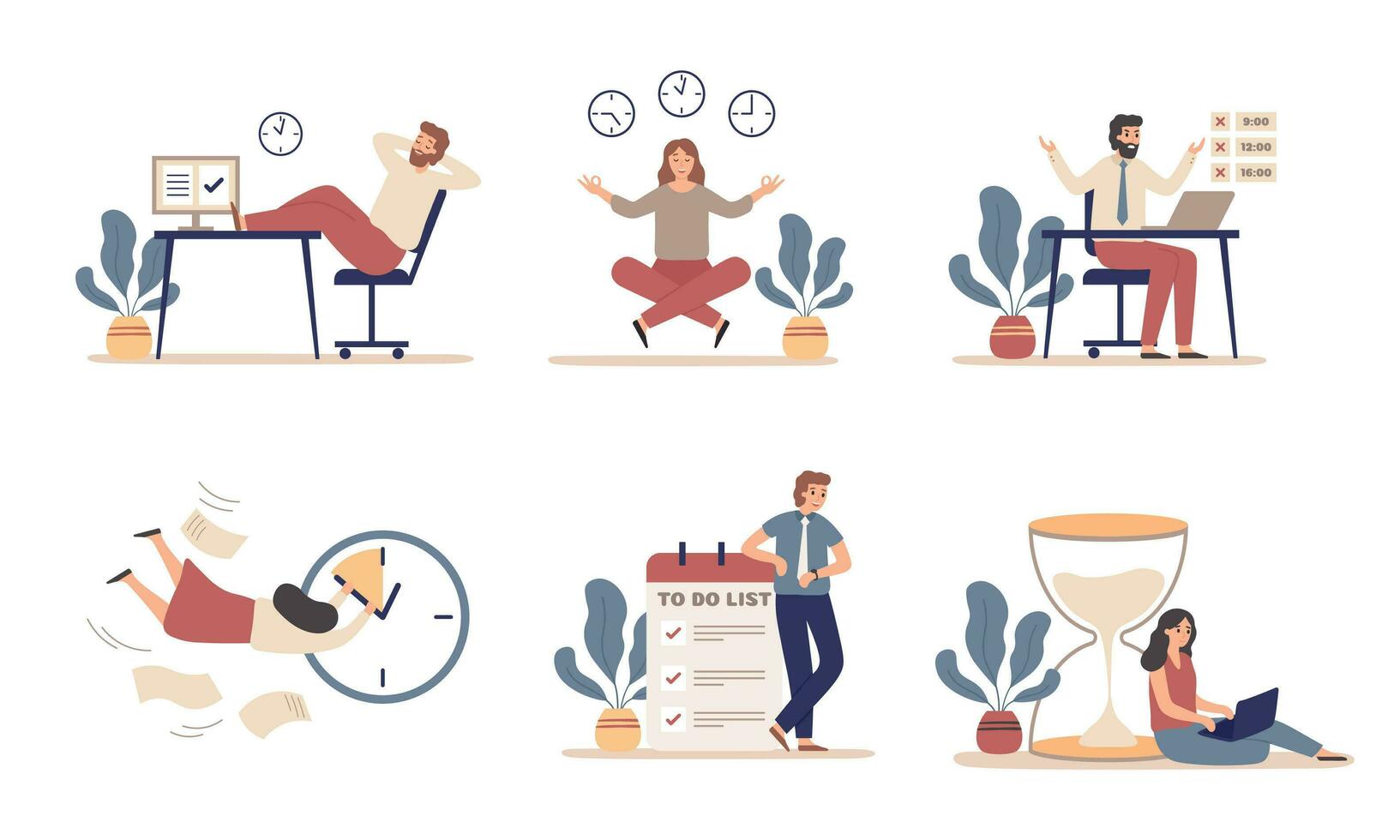 Working time planning. Work schedule, organize works productivity and tasks time management flat vector illustration set