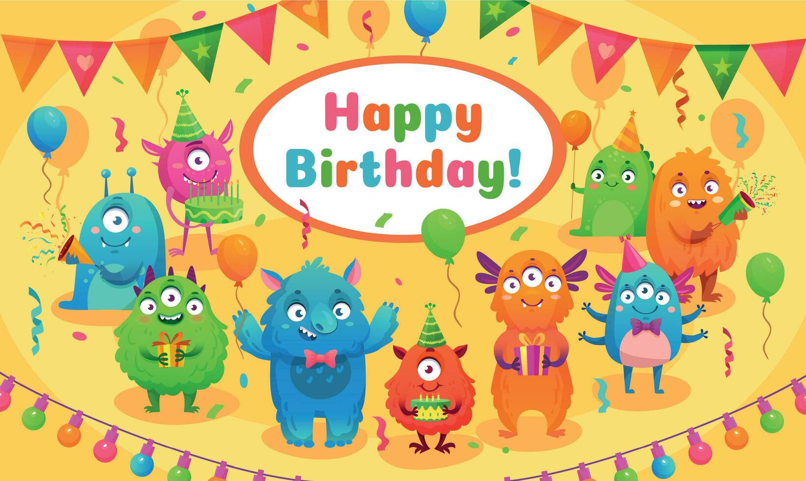 Happy birthday monsters. Kids birthday party cute monster mascot, monsters anniversary greeting card cartoon vector illustration