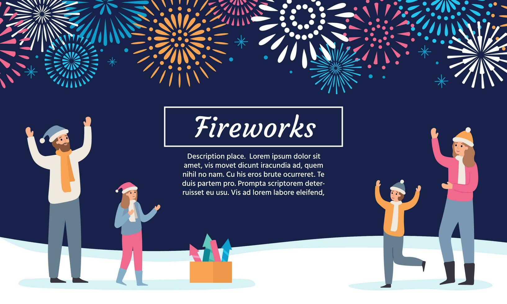 Family watching firework explosions. Couple with kids launching fireworks, celebrating holidays and new year flyer vector illustration