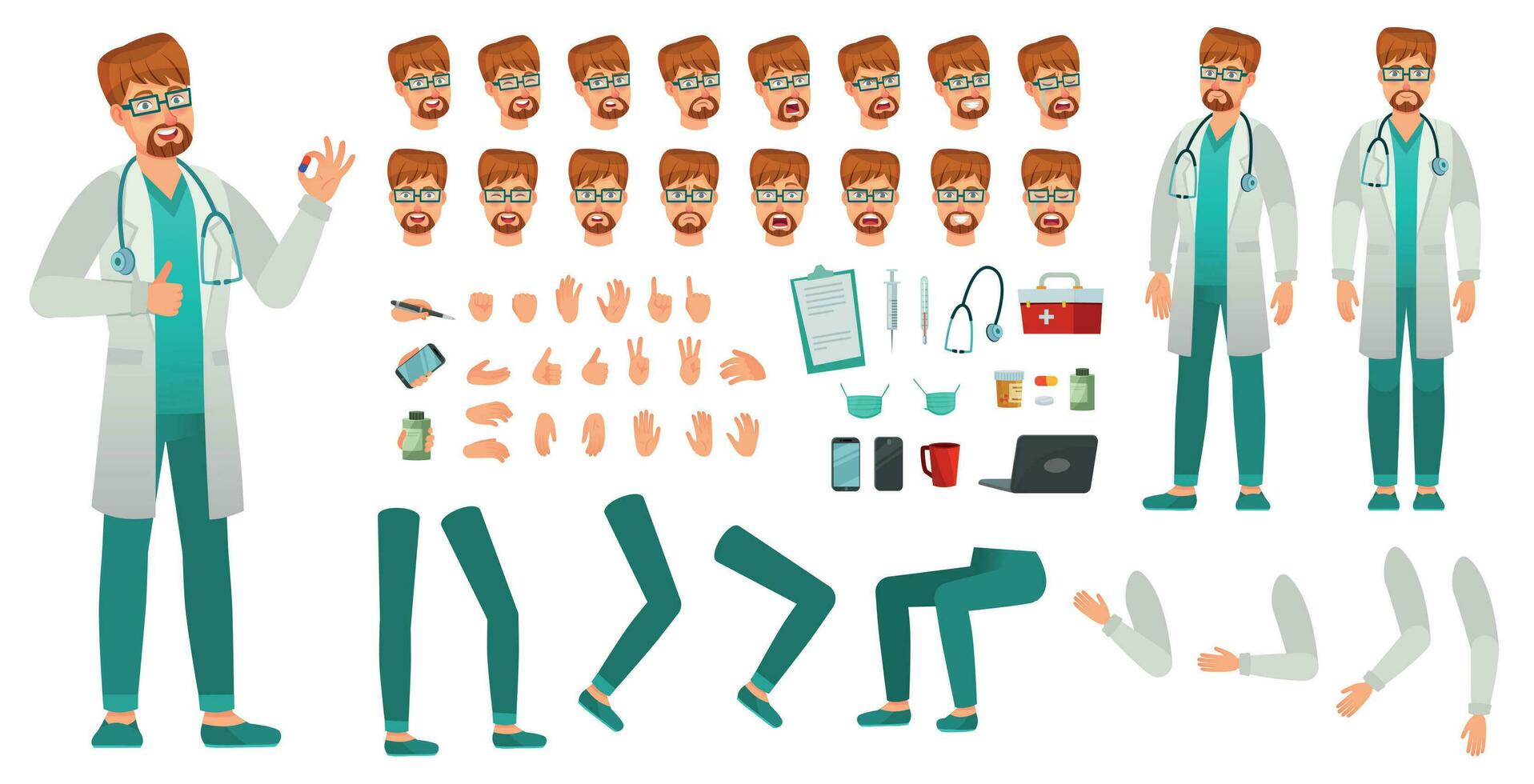 Cartoon medicine doctor creation kit. Medical man, healthcare medic and male doctor character constructor vector set