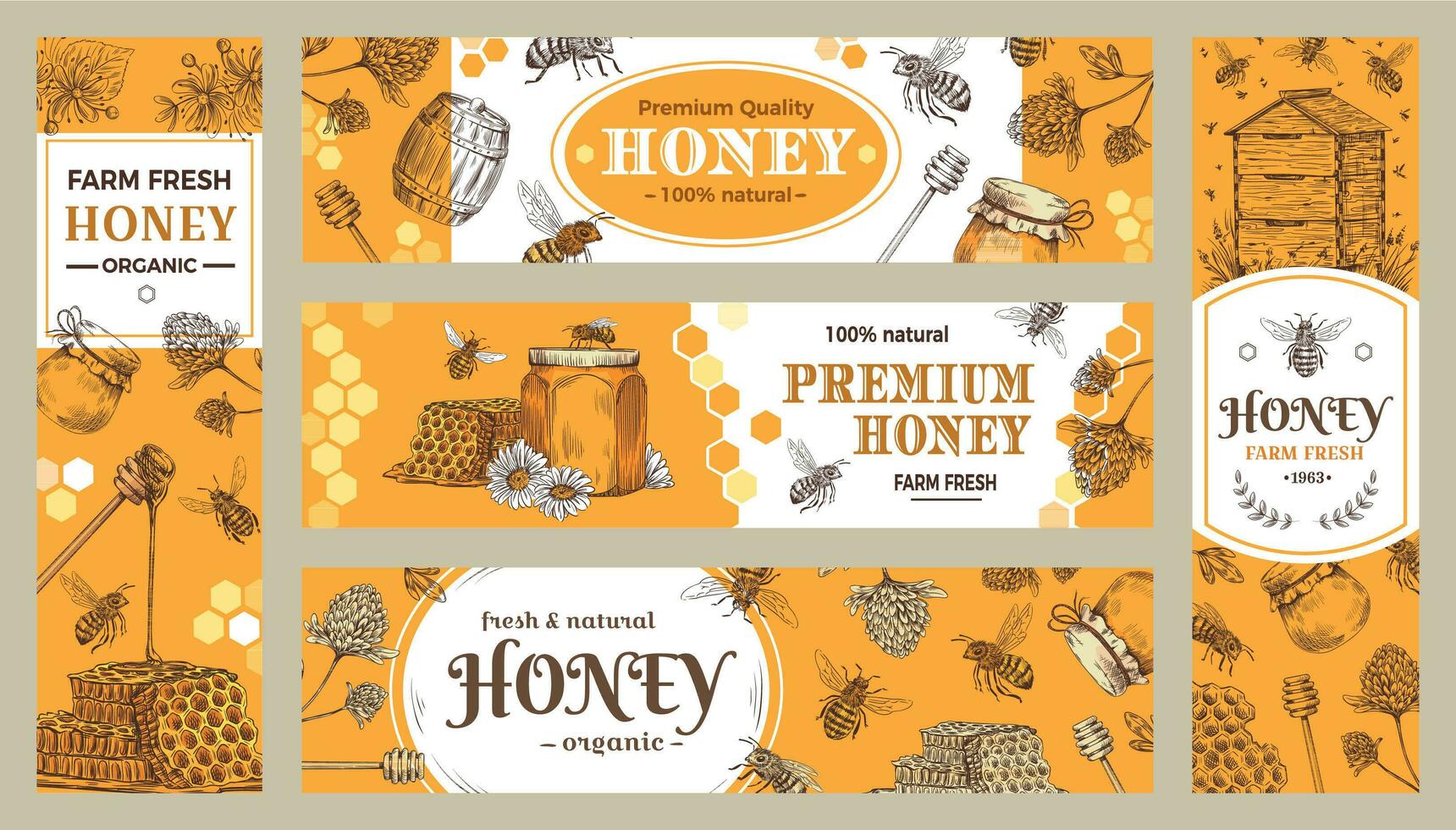 miel bandera. sano dulces, natural abejas miel maceta y abeja granja productos pancartas vector colección