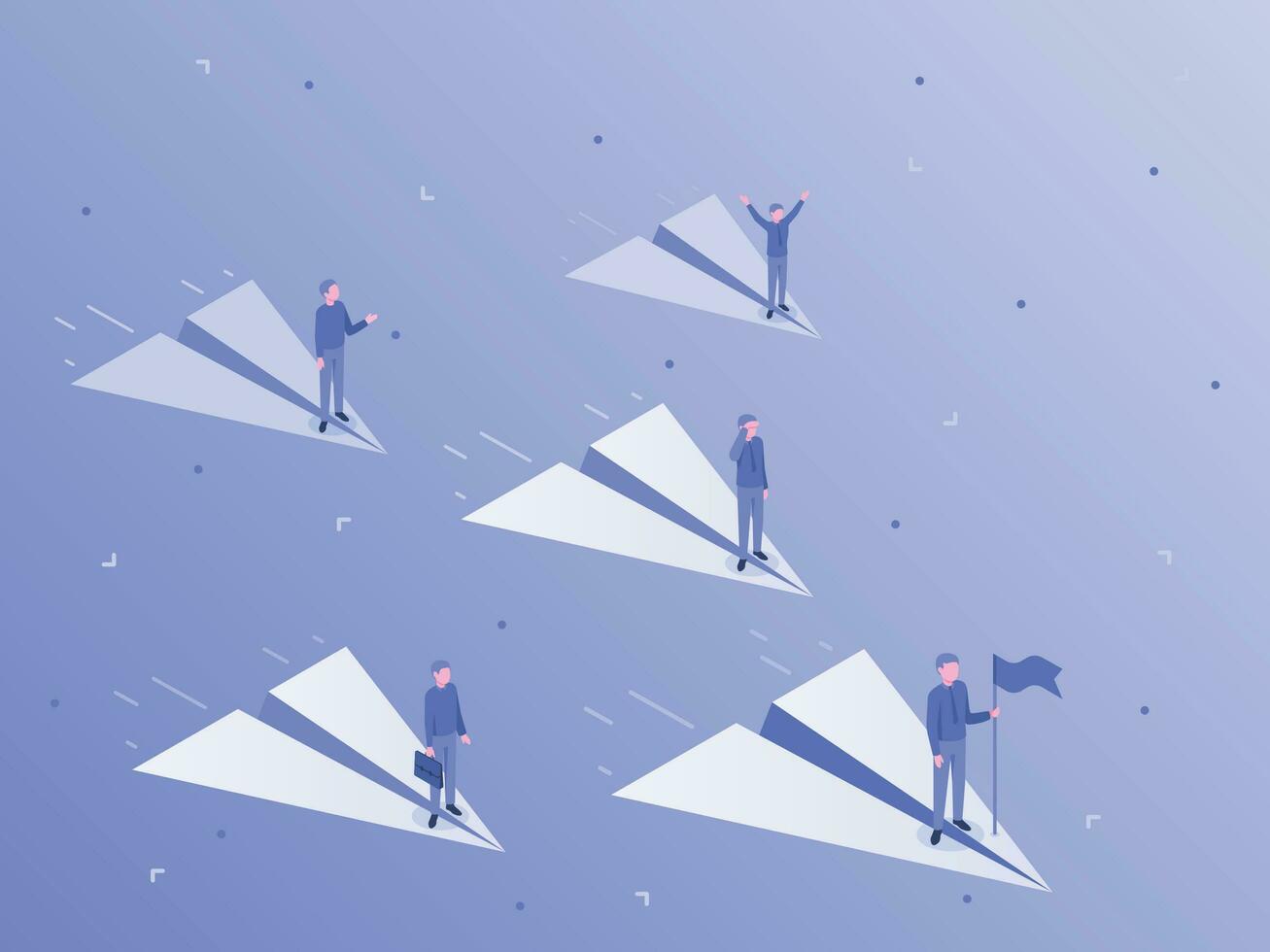 Businessman flying on paper airplane. Business team leader, office workers and company teamwork isometric vector illustration