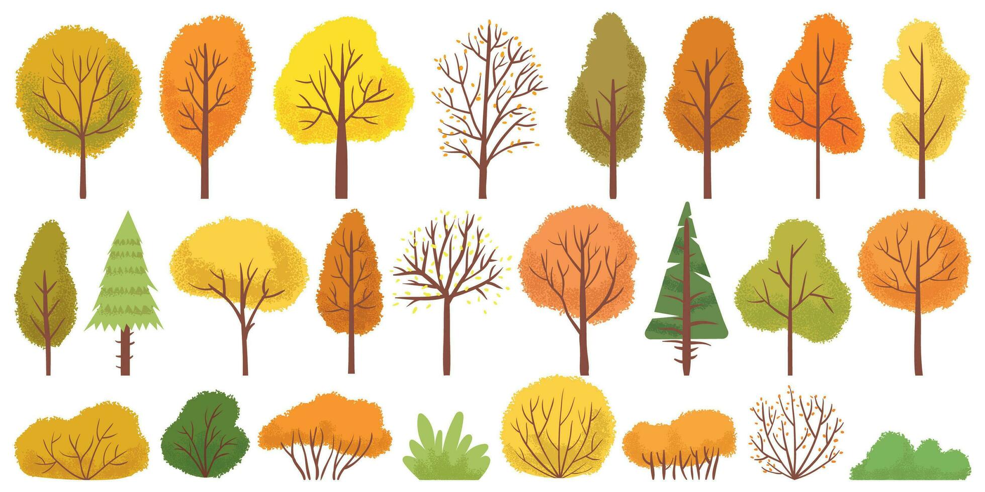 Yellow autumn trees. Colorful garden tree, autumnal garden bush and fall season tree leaves vector illustration set