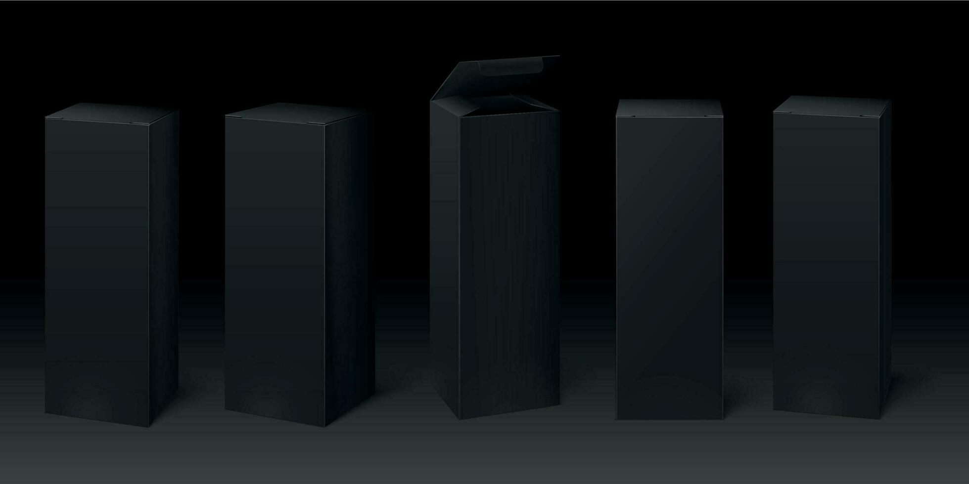 negro cartulina caja Bosquejo. prima embalaje cajas, oscuro paquete y paquete burlarse de arriba modelo 3d vector conjunto