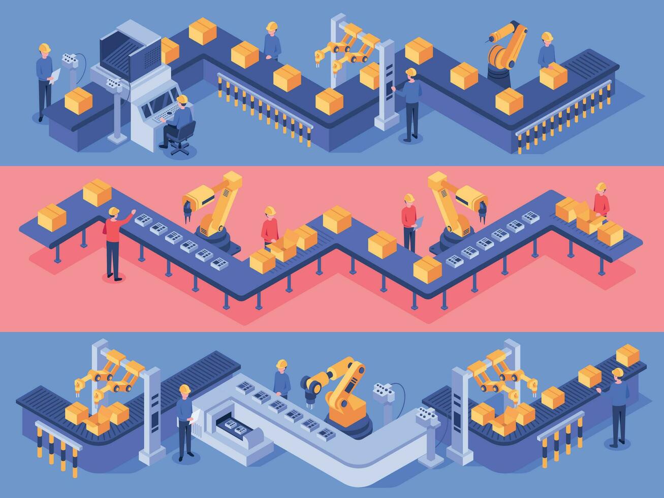 Isometric industrial factory automated line. Packaging conveyor equipment, automation line and industry factories vector illustration