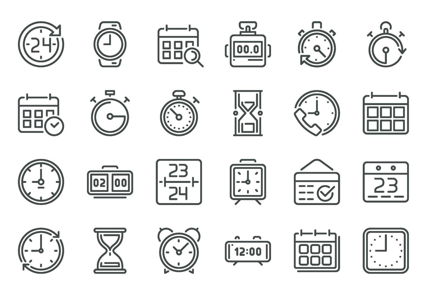 contorno hora icono. cronometrador, cronógrafo y Temporizador iconos alarma reloj, calendario y línea reloj de arena firmar vector conjunto