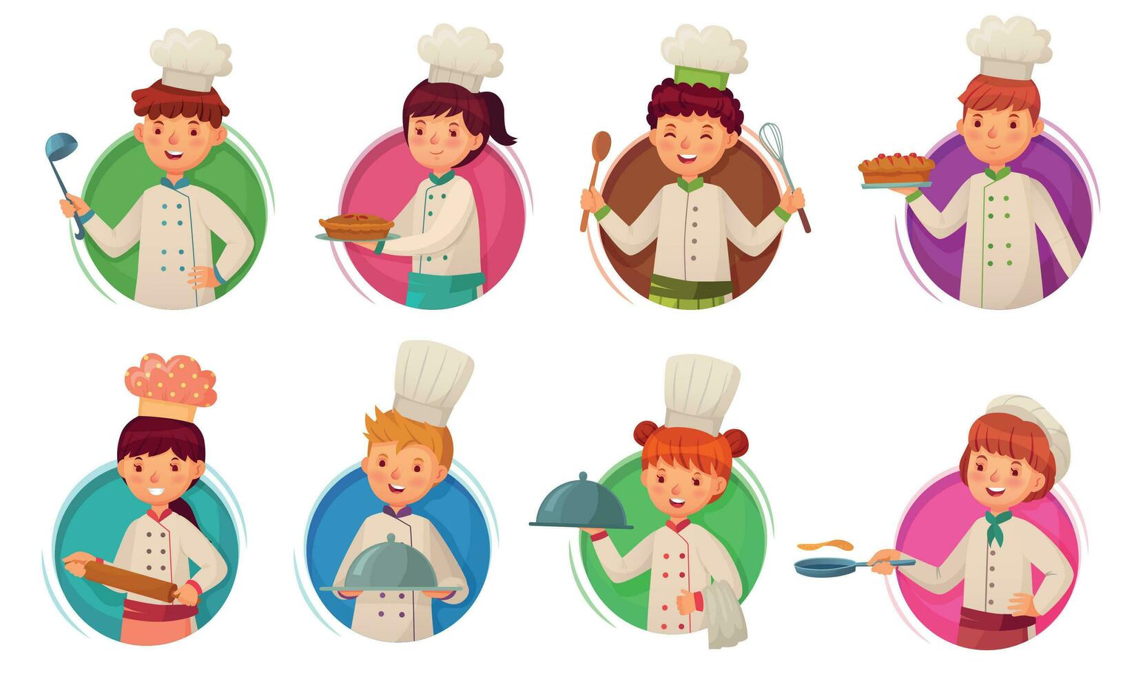 pequeño niño cocinero. niños cocinando, niños cocineros en circulo marco y niño cocineros en redondo agujero dibujos animados vector ilustración conjunto