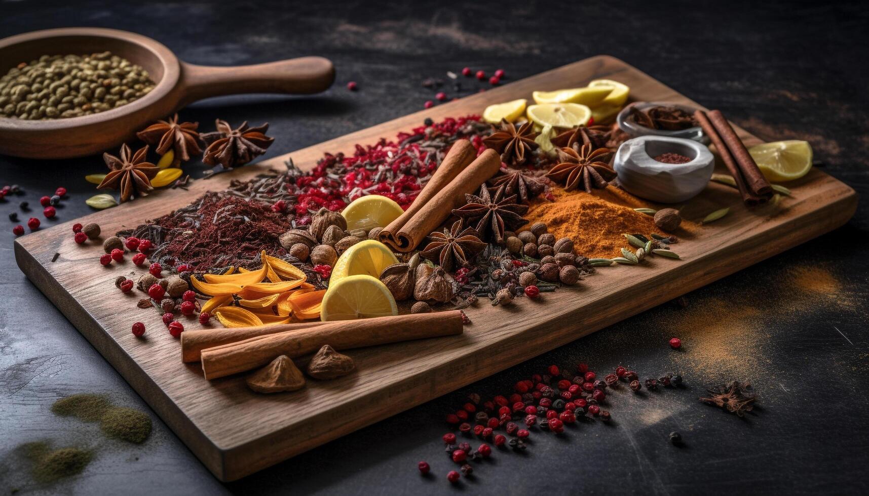 Variety of spices adorn the rustic bowl generated by AI photo