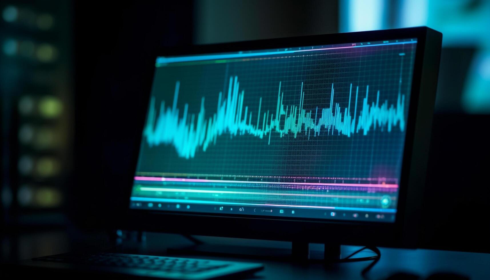 Glowing blue pulse trace analyzes heart rate generated by AI photo