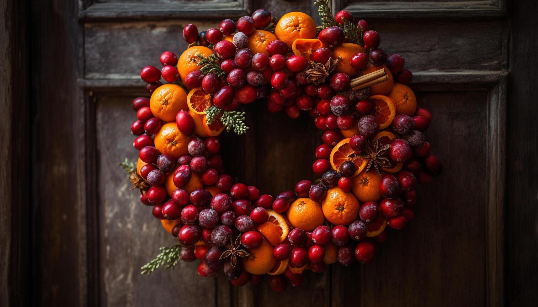 Organic wreath decoration, ripe berry fruit dessert generated by AI photo