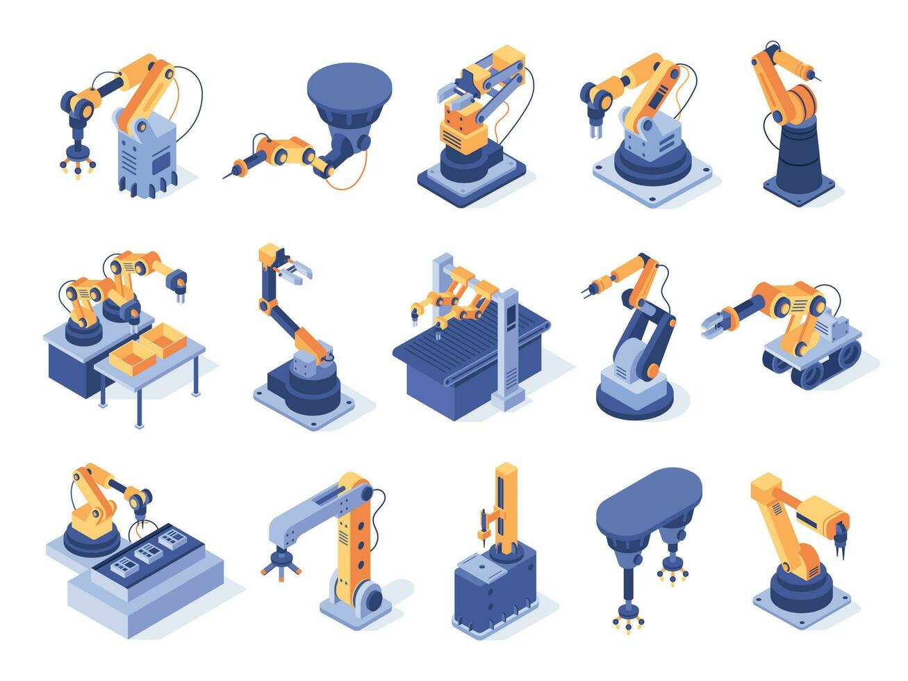 isométrica robótico brazo. industrial fábrica máquinas, fabricación automatizacion y producción línea robot brazos 3d vector conjunto