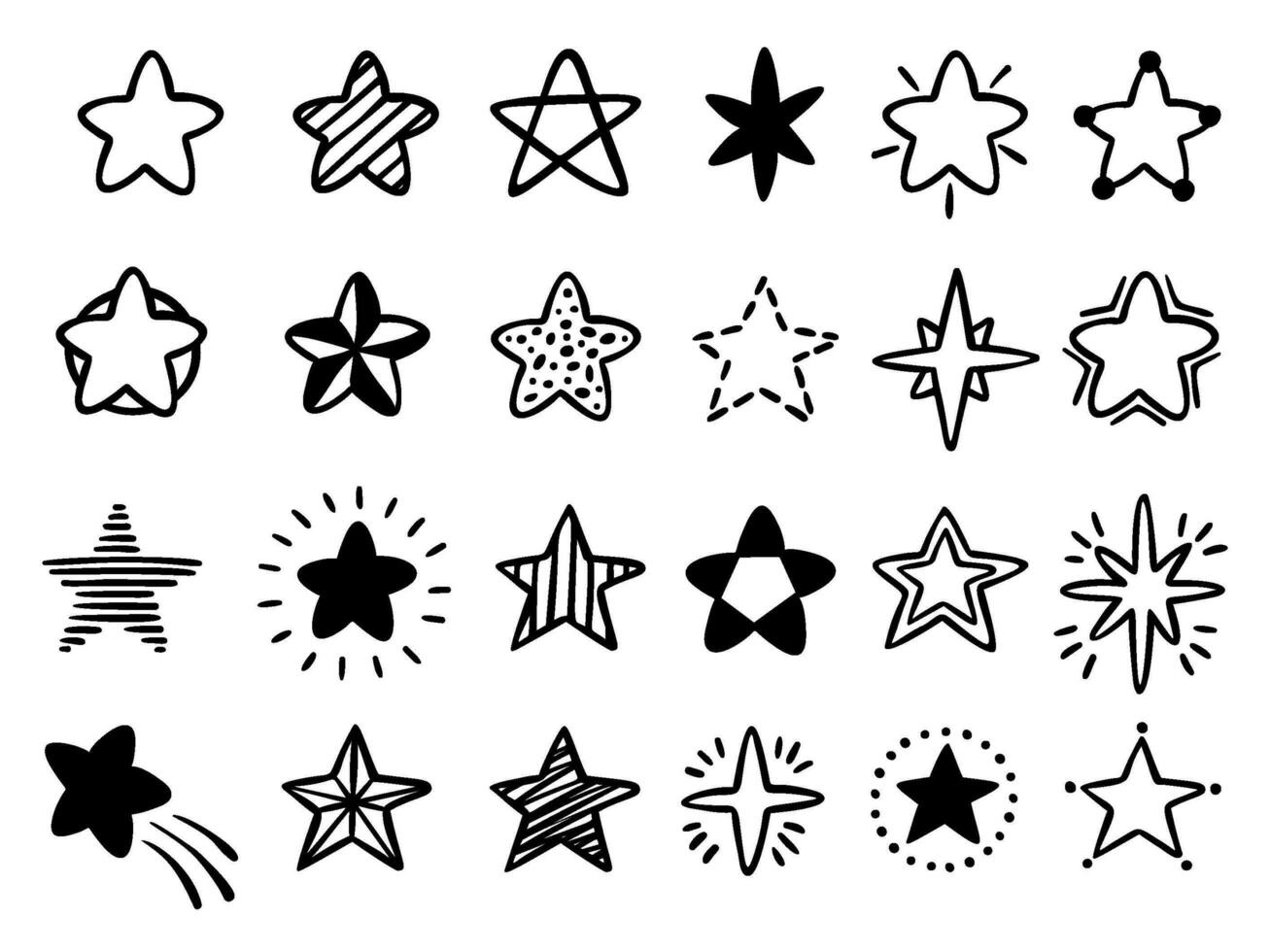 mano dibujado estrellas. garabatear dibujo estrella, estrellado bosquejo y favoritos estrella icono aislado vector ilustración conjunto