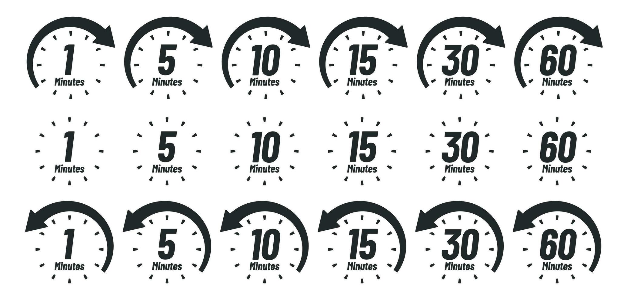 Minutes time icon. Analog clock Icons, 1 5 10 15 30 60 minute clocks and minutes ago sign vector set