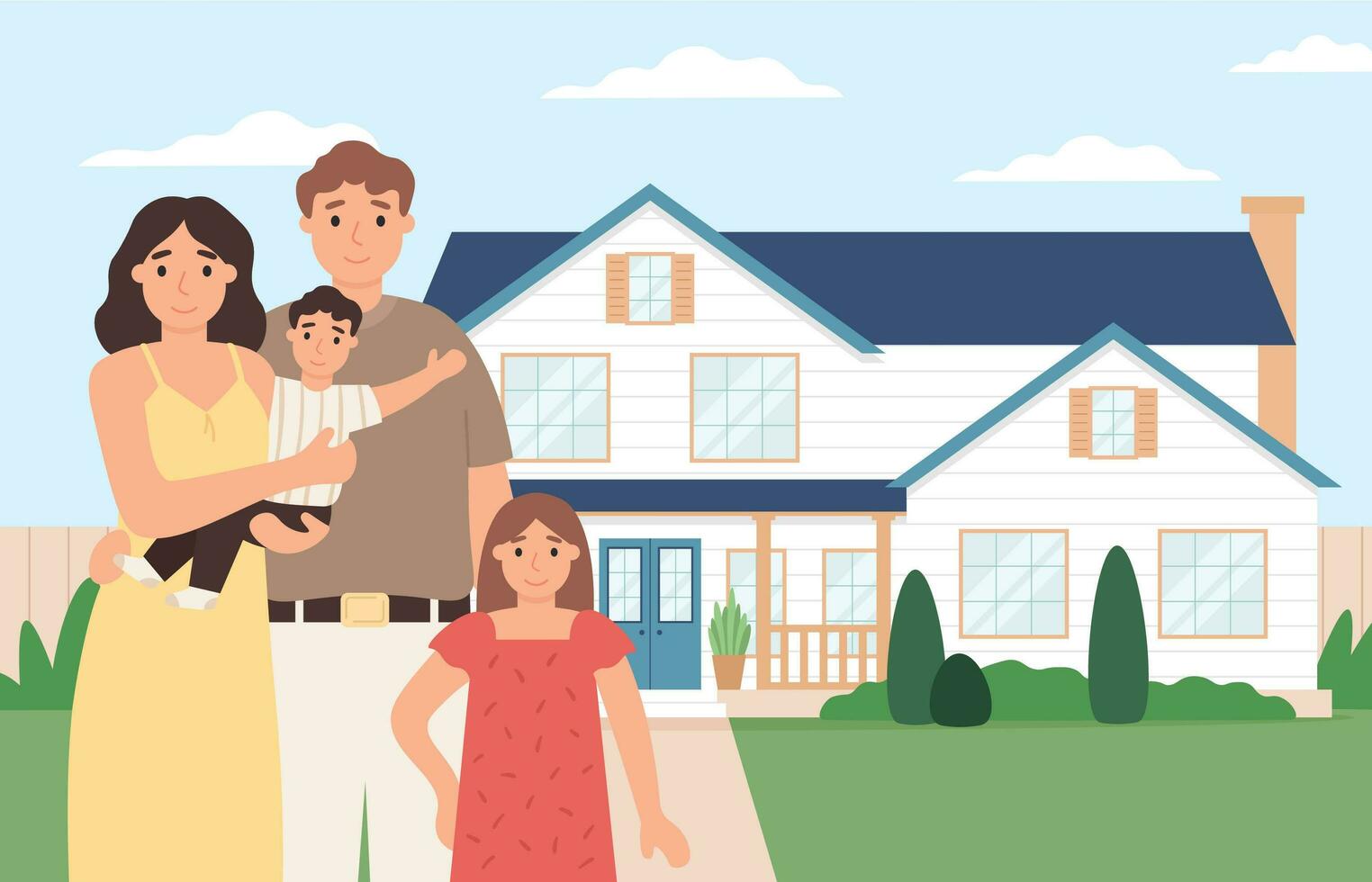 contento familia hogar. joven Pareja con niños en frente de su casa, real inmuebles vector ilustración