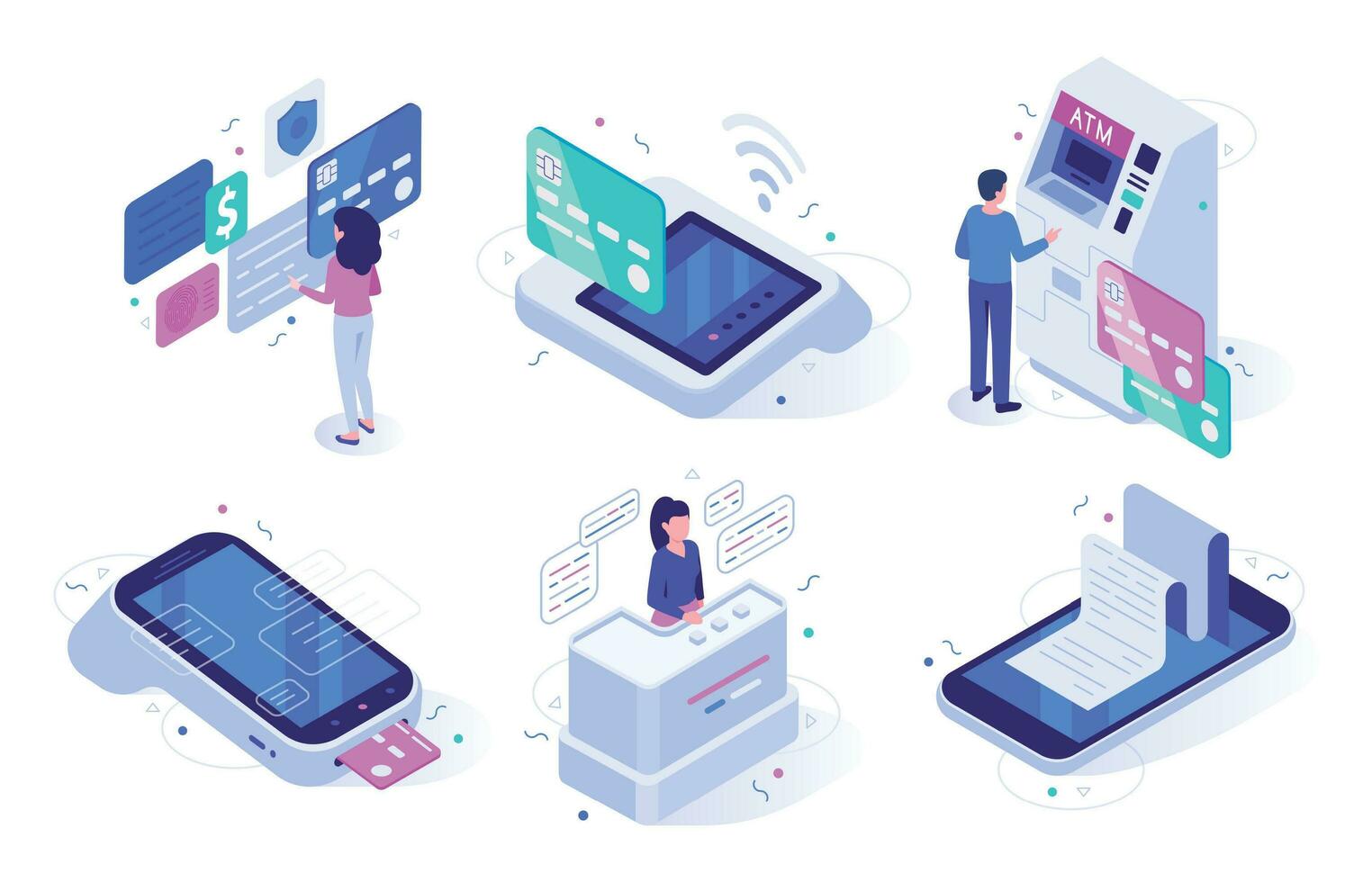 Isometric online cashier. Cash register terminal purchase checkout, sales outlet with buyers and atm customer vector illustration set