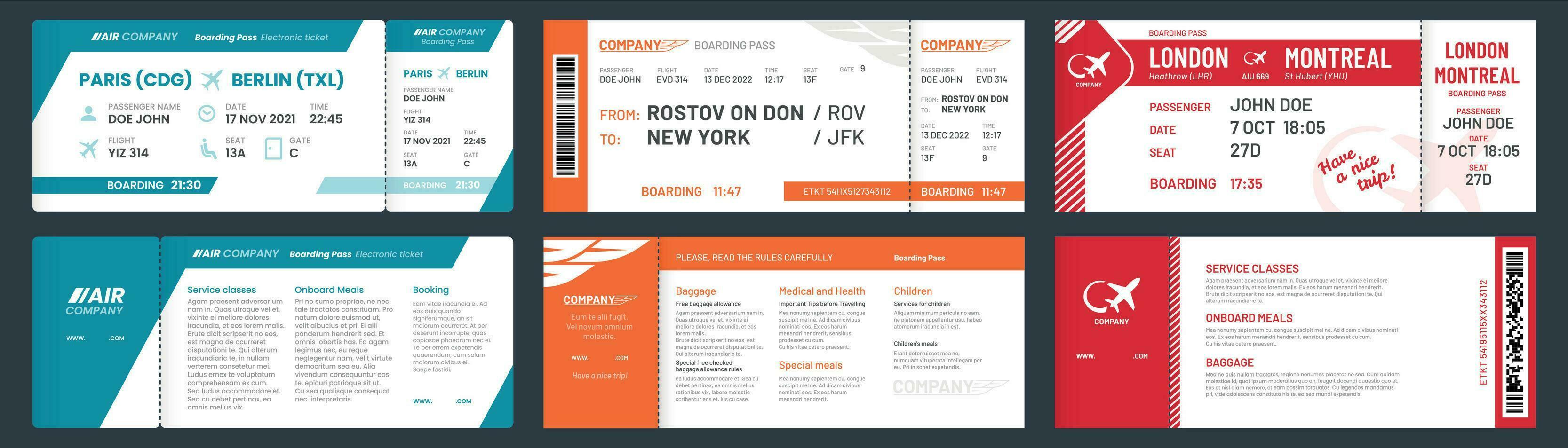 Airplane tickets. Airline ticket template with passenger name, aircraft trip flying tickets vector illustration set