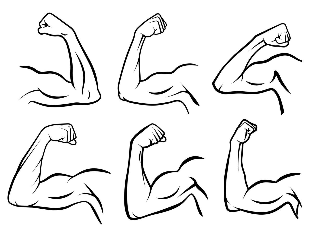 poderoso mano músculo. fuerte brazo músculos, difícil bíceps y manos fuerza contorno vector ilustración conjunto