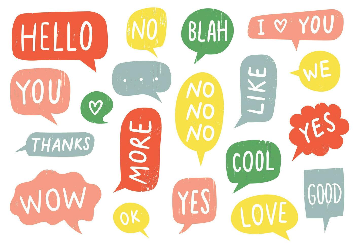 Textured speech bubble signs. Thanks sign, yes and no doodle. Hand drawn frames with ok, good and i love you text vector set. Multicolor text clouds with different words. Messaging design elements