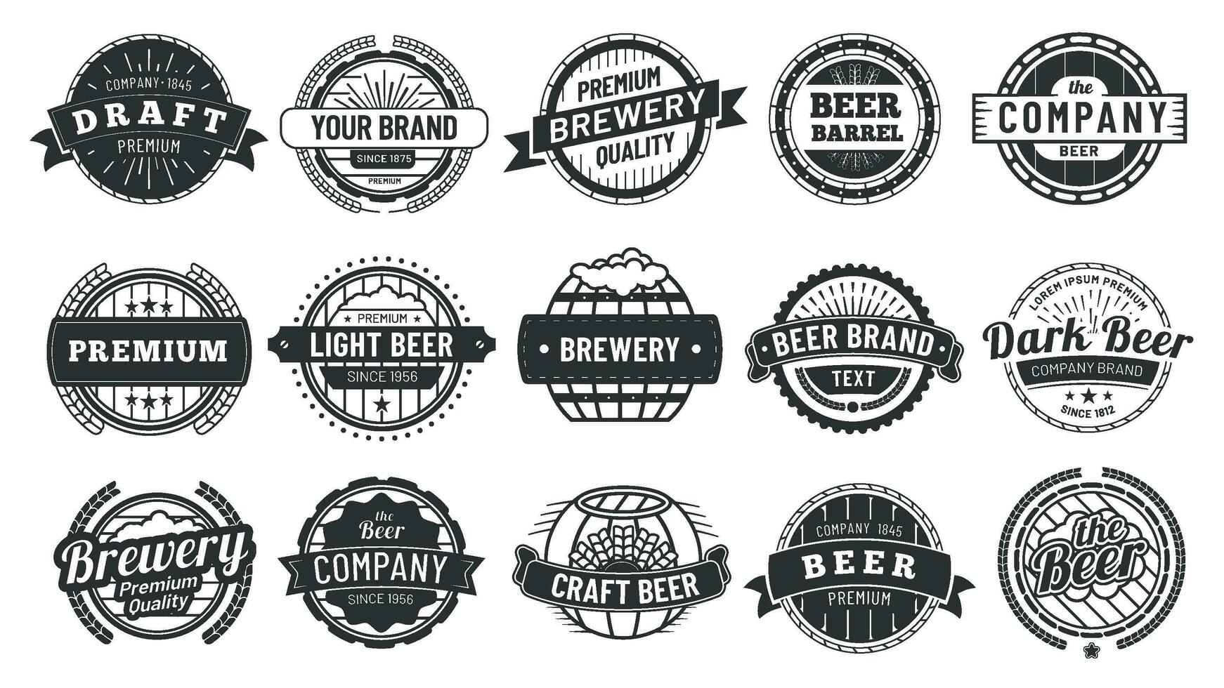 Brewery badge. Draft beer barrel emblem, retro circle badges and quality emblems vintage hipster logo stamps vector set