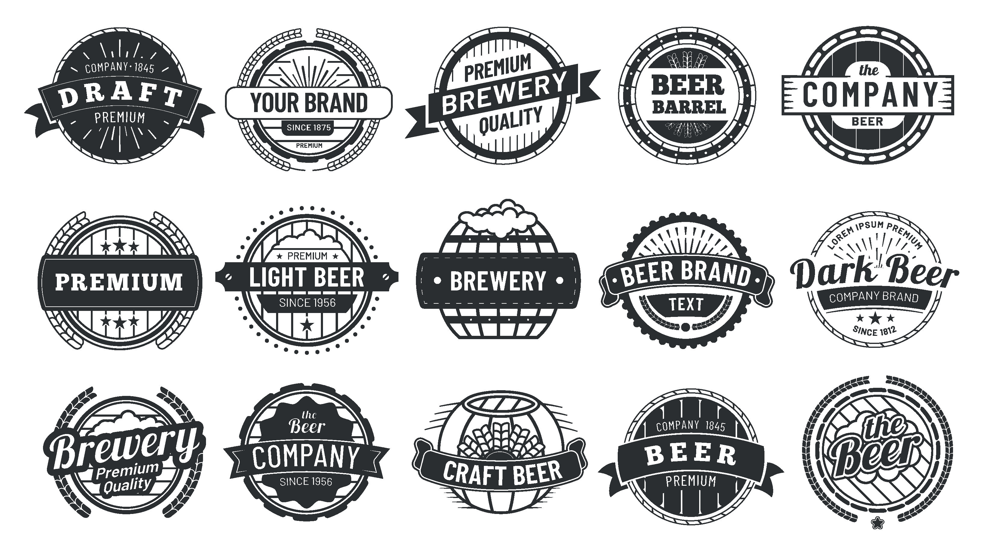 Brewery badge. Draft beer barrel emblem, retro circle badges and quality emblems vintage hipster