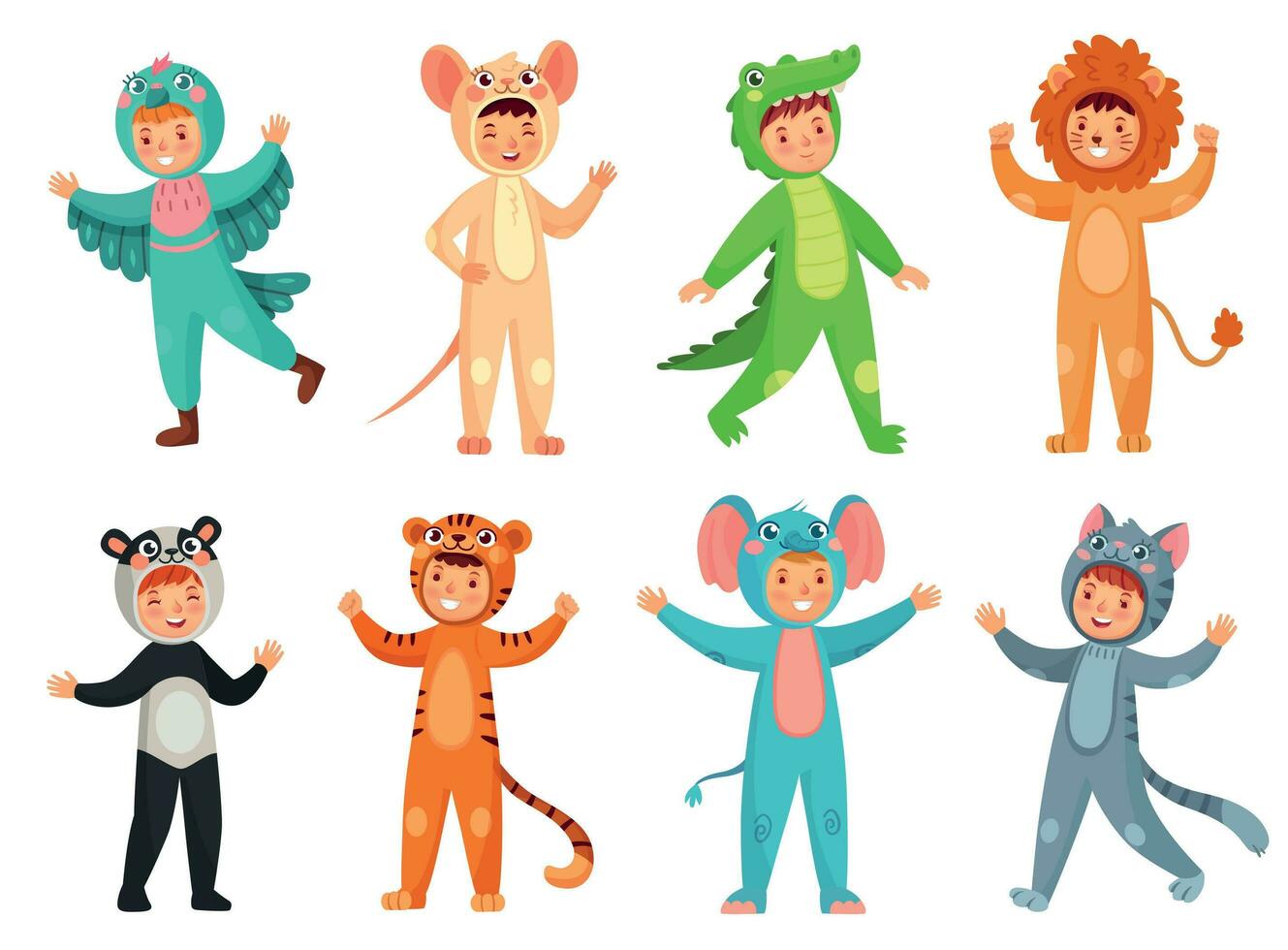 Cartoon baby animal costumes. Cute girl in panda costume, little boy in elephant suit and kids party mascot vector illustration set