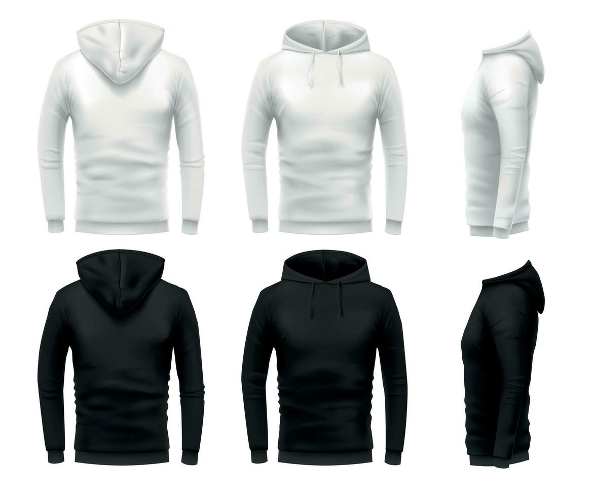 Realistic hoodie mockup. Black sweatshirt, white urban wearing hoodie and realistic clothes template 3D sweatshirts with hoodie vector set. Black and white hoody front, back and side view