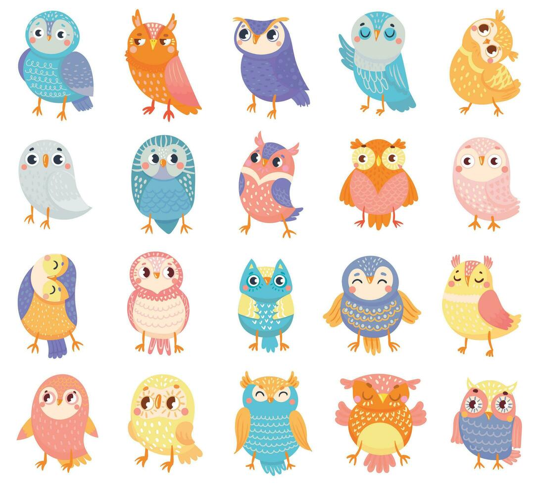 Cartoon owl. Cute color owls, forest birds and hand drawn baby owl vector illustration set