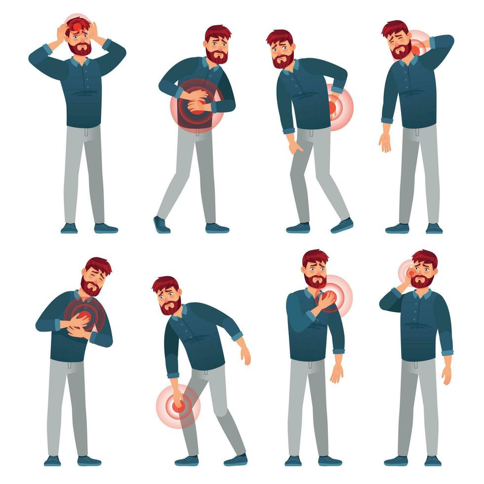 Man in pain. Sickness men pain areas, migraine headache and stomach ache. Painful hurts zones cartoon vector illustration set