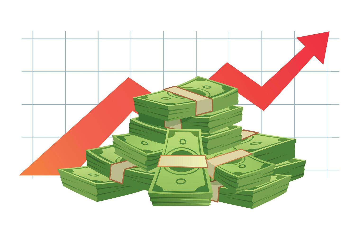 creciente efectivo grafico. pila de dinero en efectivo, dinero valor rojo creciente grafico flecha y financiero crecimiento diagrama vector ilustración