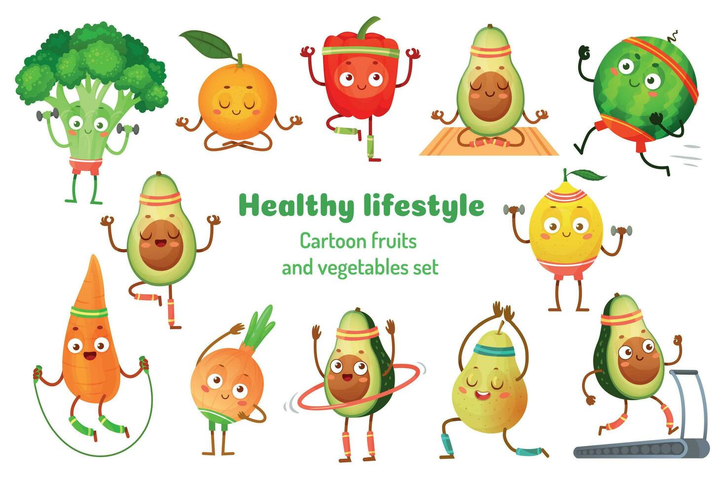 deporte frutas y vegetales. sano estilo de vida mascotas, Fruta Deportes ejercicio y aguacate yoga rutina de ejercicio dibujos animados vector ilustración conjunto