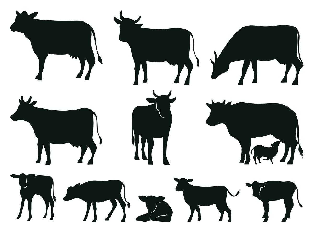 vaca silueta. negro vacas y becerro mamífero animales vector íconos conjunto