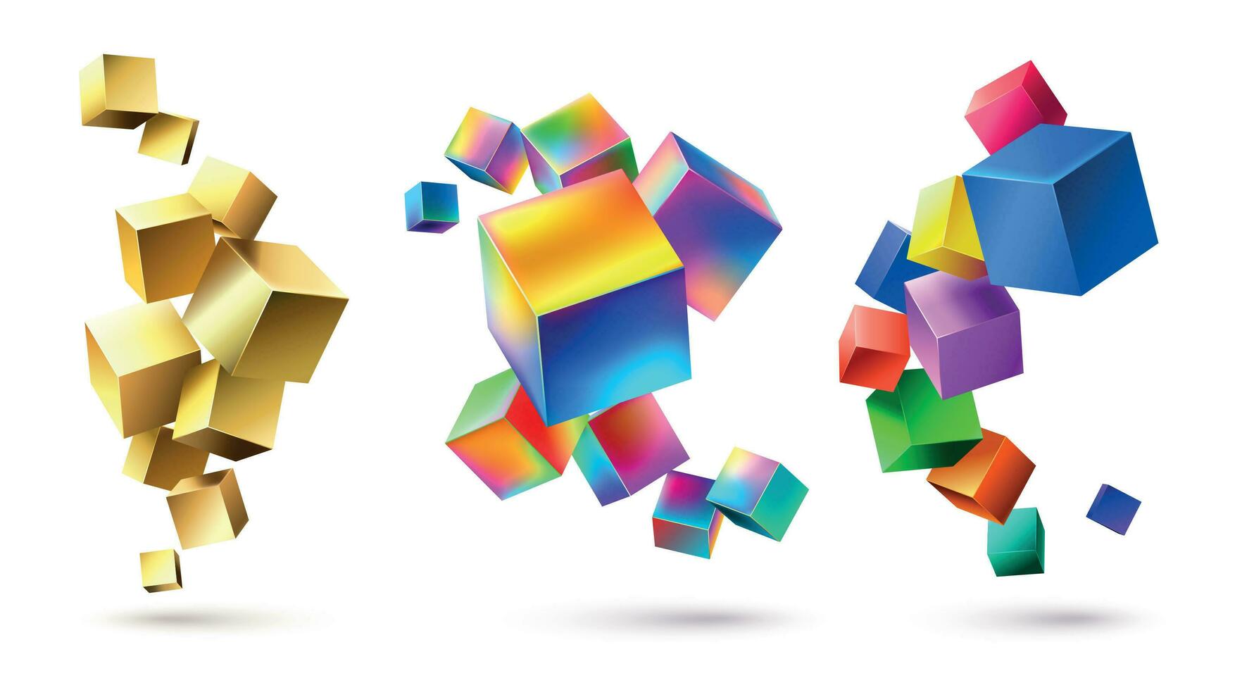 Abstract cubes compositions. Golden geometric shapes, colorful cubic 3D composition and bright color cube abstraction vector illustration set