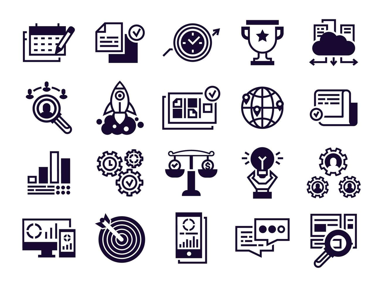 Business icons. Corporate businesses teamwork, global partnership and office management vector silhouette symbols set