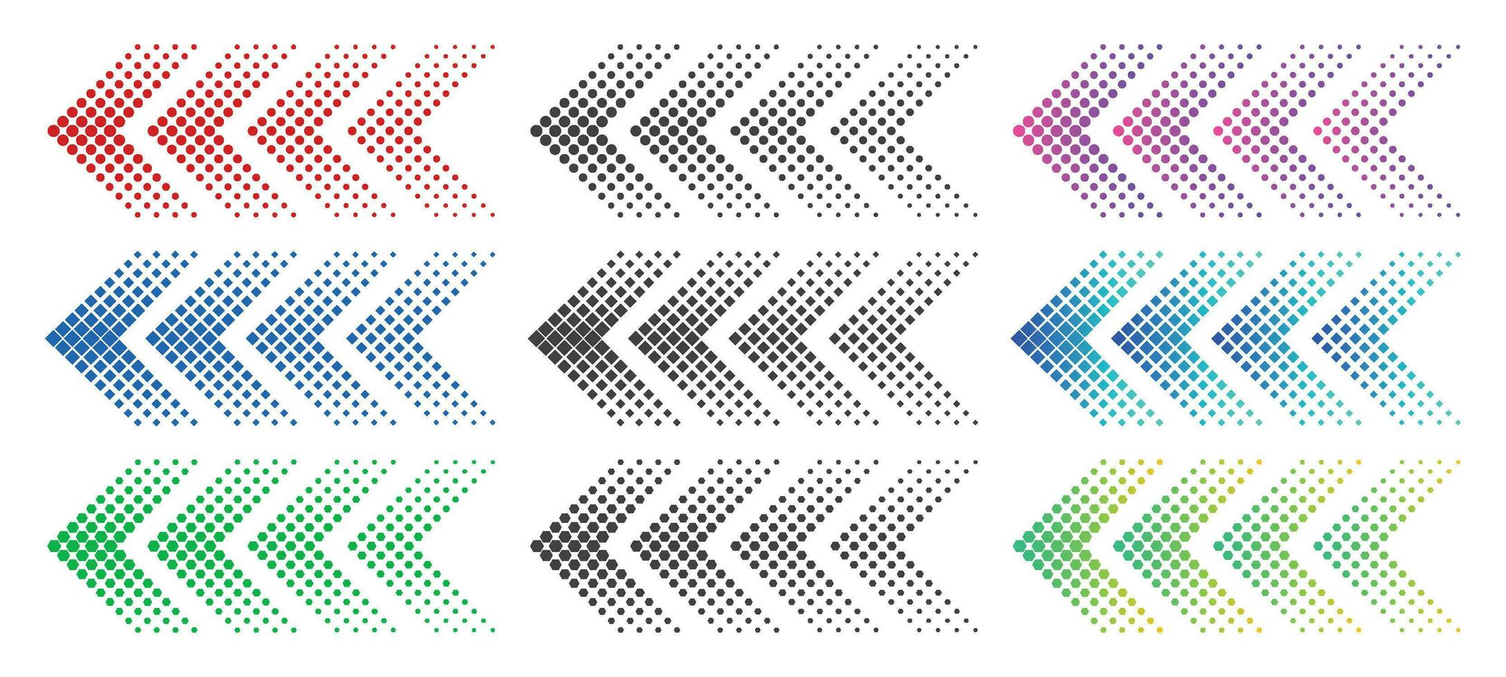 trama de semitonos flechas color web flecha con puntos vistoso punteado Moviente adelante y descargar símbolos aislado vector conjunto