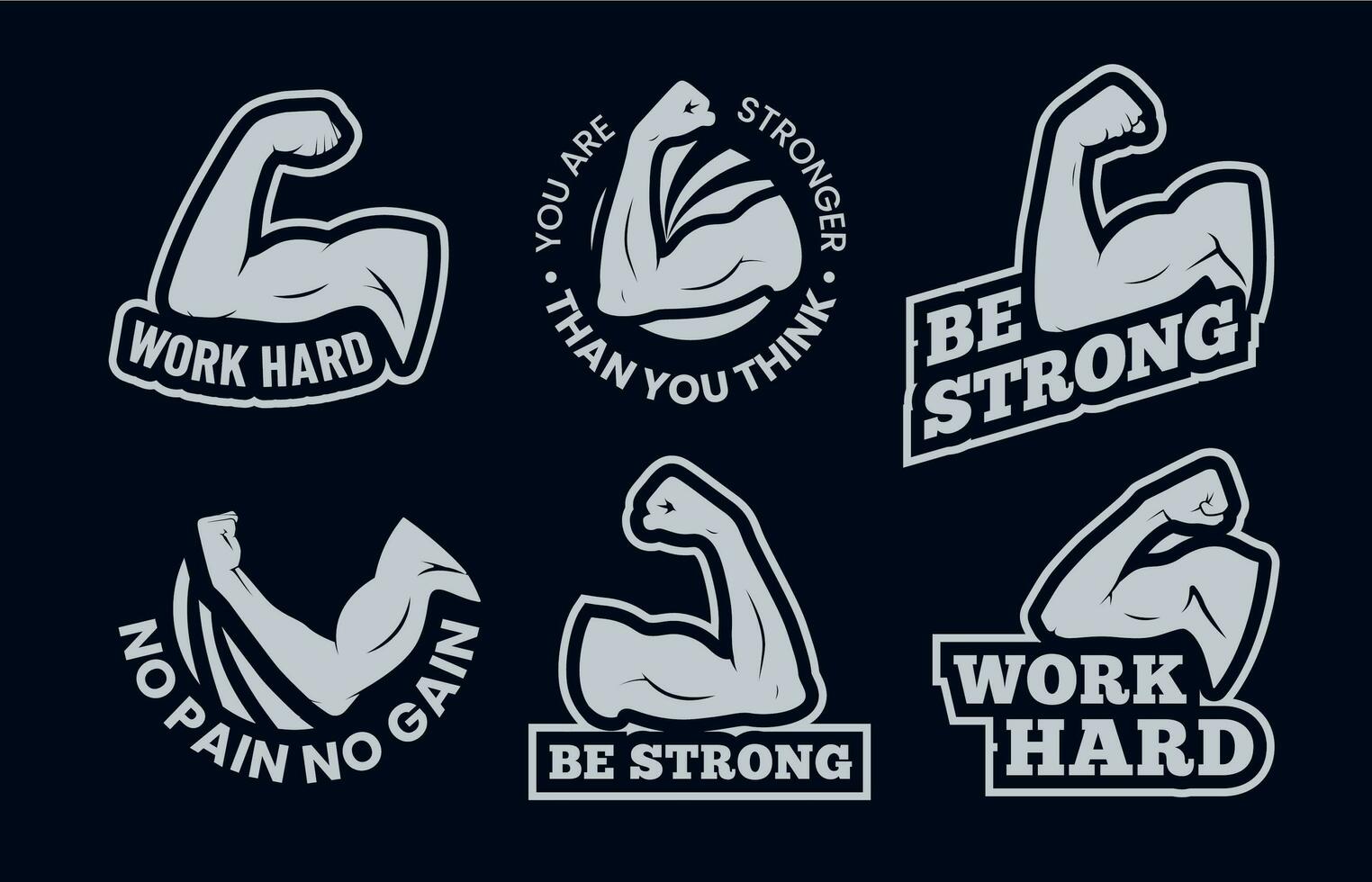 Powerful biceps muscle inspirational quotes. Be strong, work hard arm muscles and power gym. Bodybuilding and fitness signs vector set