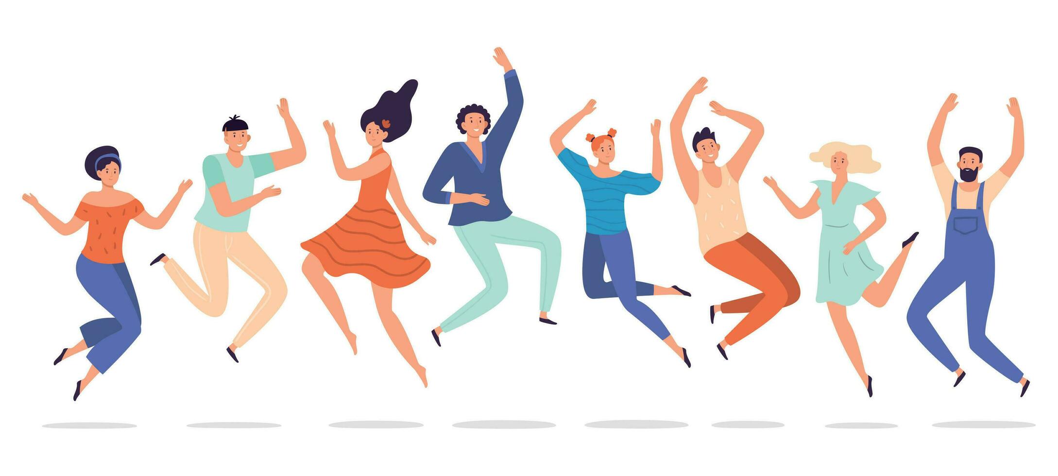 Young people jump. Jumping teenagers group, happy teen laughing students and smiling excited people flat vector illustration