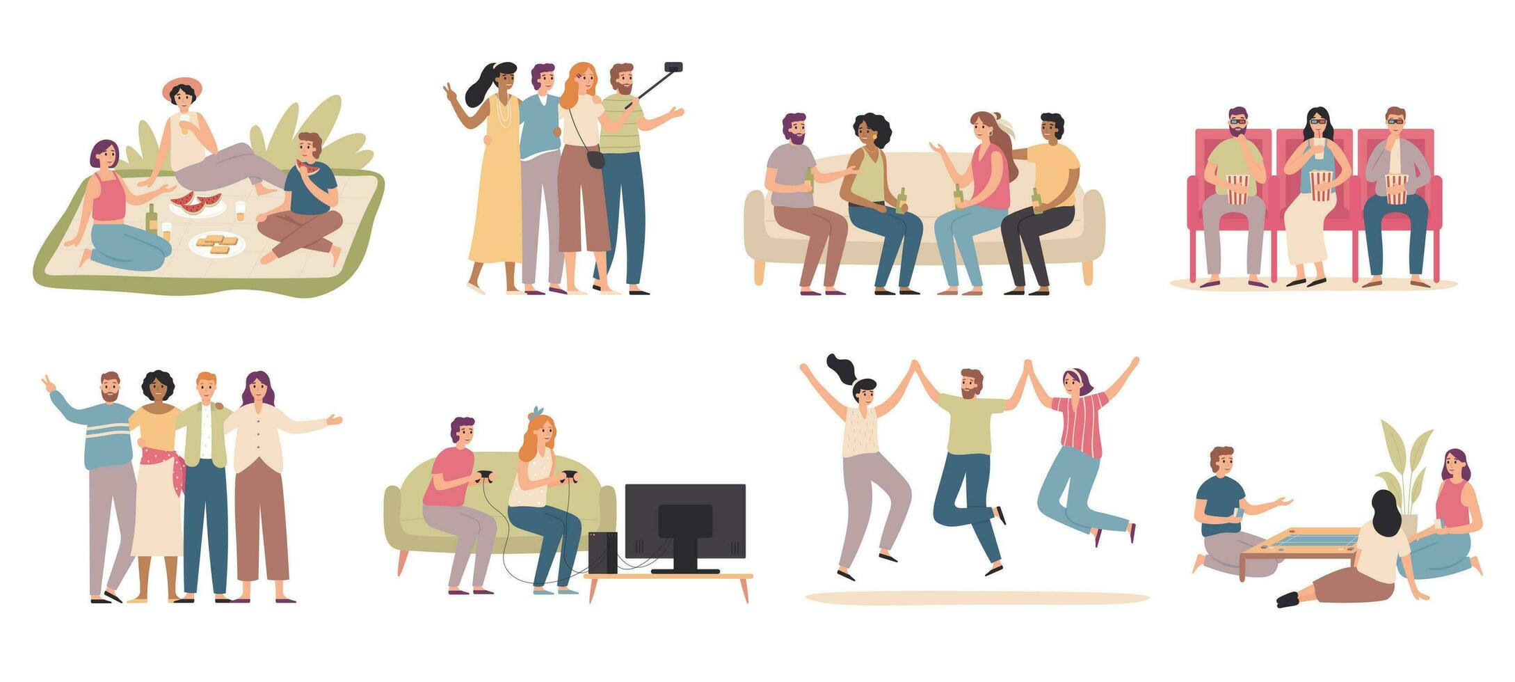 Happy friends. Friendly people spend time together, friend playing game and talking with friends flat vector illustration set