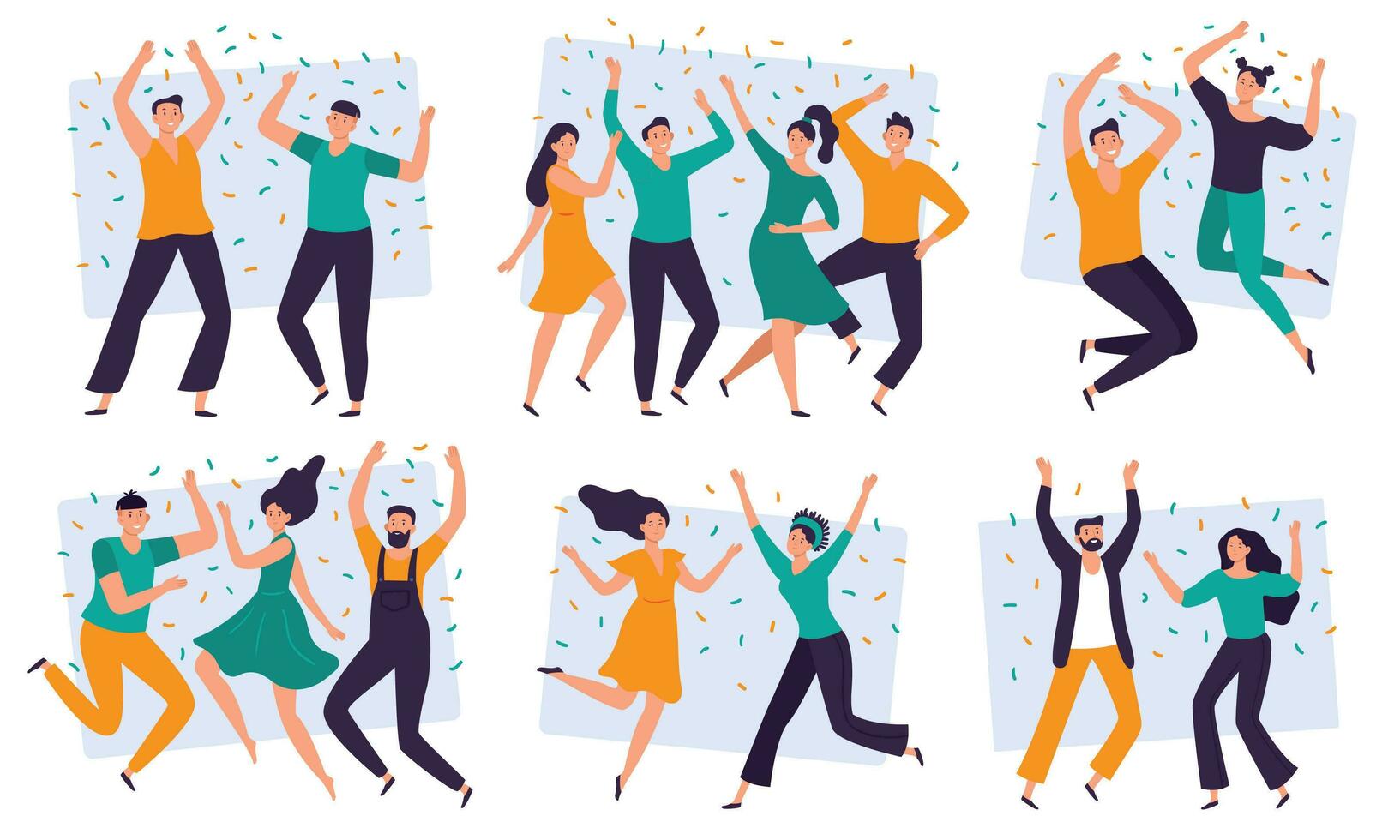 Joyful people. Cheerful couple, happy team celebrating together and group of smiling people flat vector illustration set