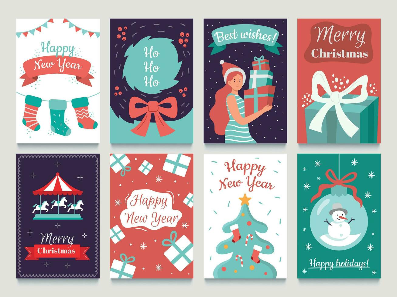 Christmas postcard. Garlands on xmas tree, Happy New year postcards and december winter holidays cards vector bundle