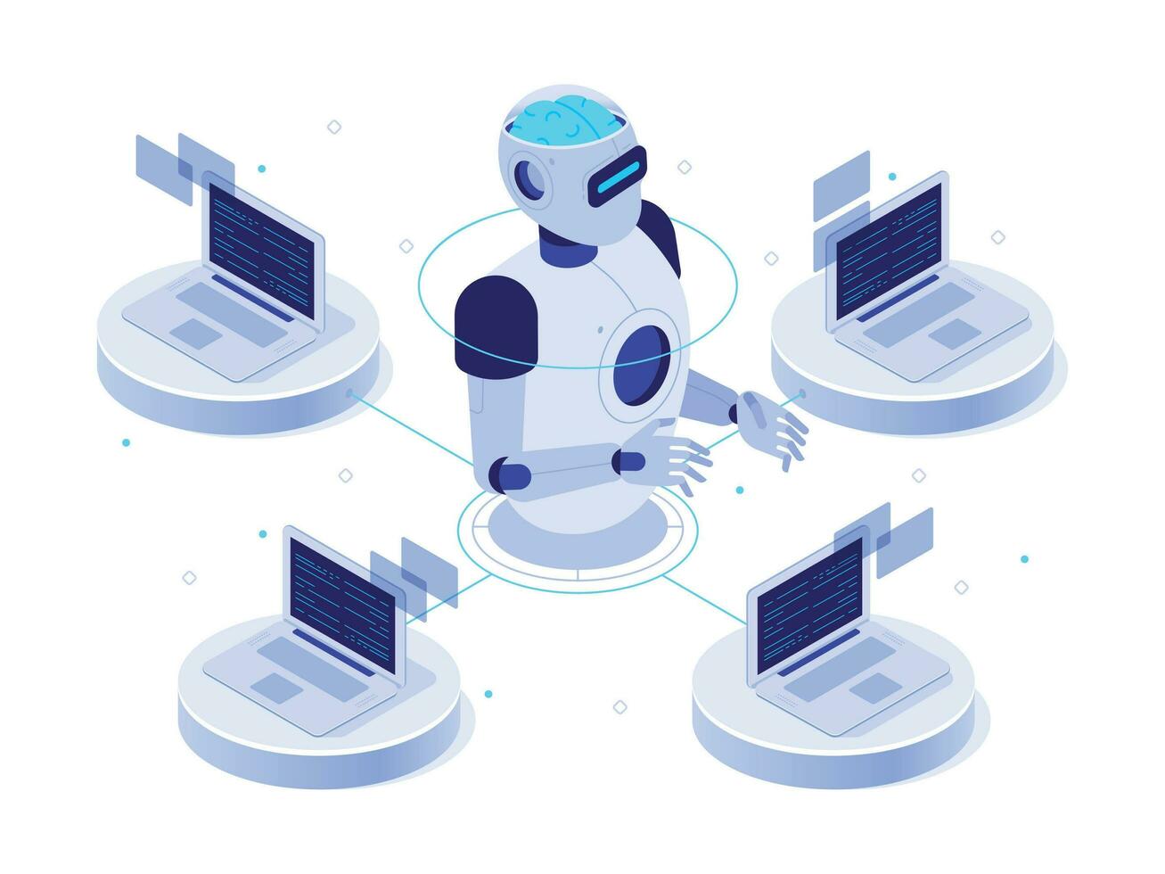 artificial inteligencia red. virtual ai bot, charla con computadora asistente y máquina aprendizaje isométrica vector concepto ilustración