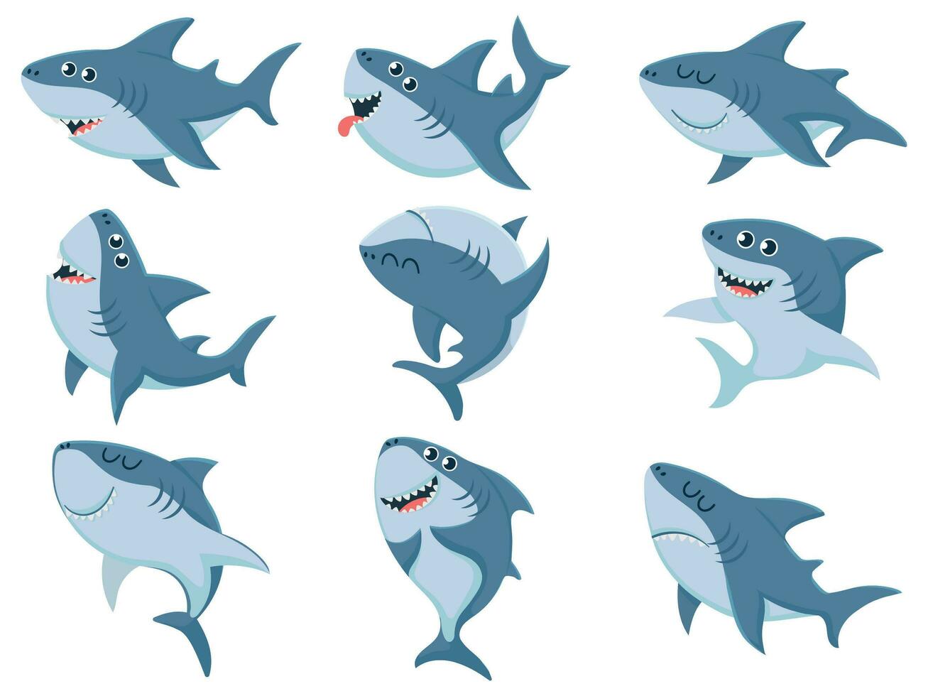 Cartoon sharks. Comic shark animals, scary jaws and ocean swimming angry sharks vector illustration set